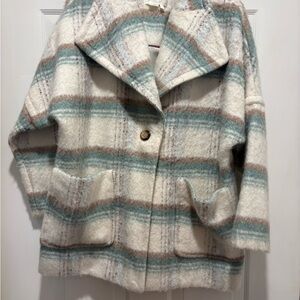 Anthropologie Plaid Teddy Jacket in Cream and Blue